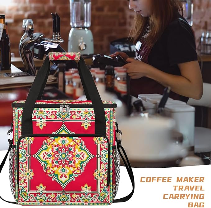 Red Window Mandala Coffee Maker Carring Bag Travel Carrying Storage Tote Bag Compatible with Keurig K-Mini or K-Mini Plus Portable Single Serve Coffee Brewer Case with Pockets for K-cup Pods