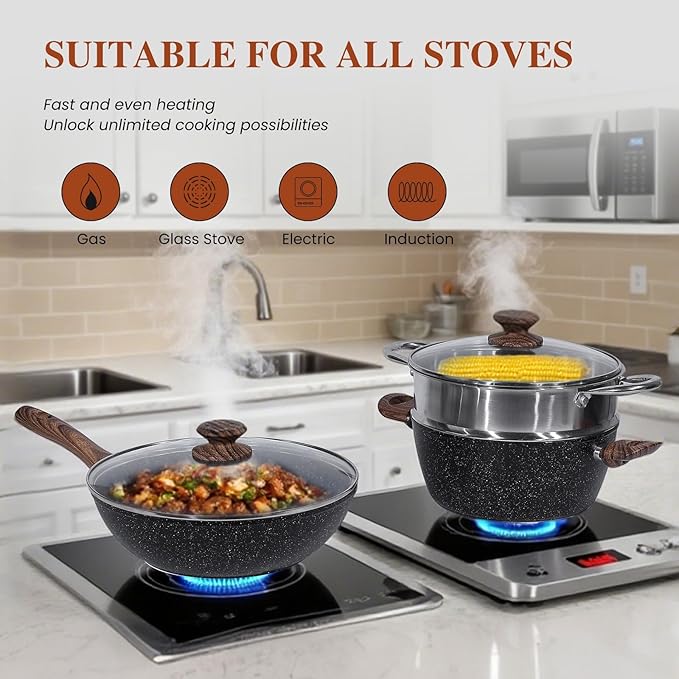 Nonstick Pots and Pans Set 17 Pcs Kitchen Cookware Set with Stay-Cool Handles - Induction Compatible Black Nonstick Coating