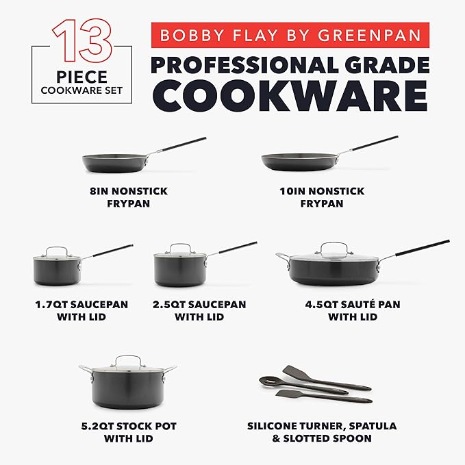 GreenPan x Bobby Flay 13 Piece Nonstick Cookware Pots and Pans Set PFAS-Free Diamond Ceramic Induction Suitable Easy Clean Dishwasher &amp Oven Safe Stay-Cool Silicone Handles Glass Lids Black