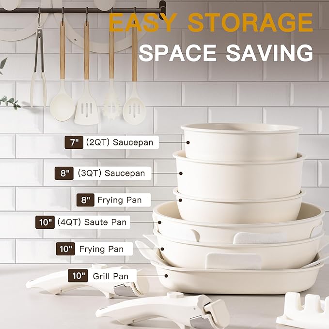 Astercook 23 Pcs Pots and Pans Non Stick Ceramic Cookware Set Detachable Handle RV Stackable Kitchen Cooking Set Removable Handles Oven Safe Induction Ready Cream White