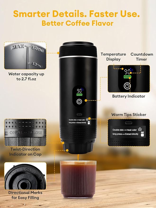 3 in1 Portable Espresso Machine with LED Display20 Bar PressureReal-Time Temp&ampBattery IndicatorPortable Coffee Maker Compatible with Ground Coffee &amp Capsules for TravelHome &amp Office