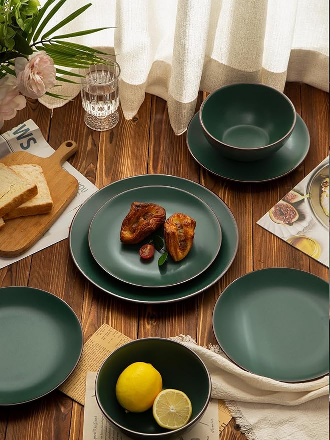 Famiware Venus Plates and Bowls Sets with Coffee Mugs Set 18 Pieces Stoneware Dinnerware Sets Dark Green