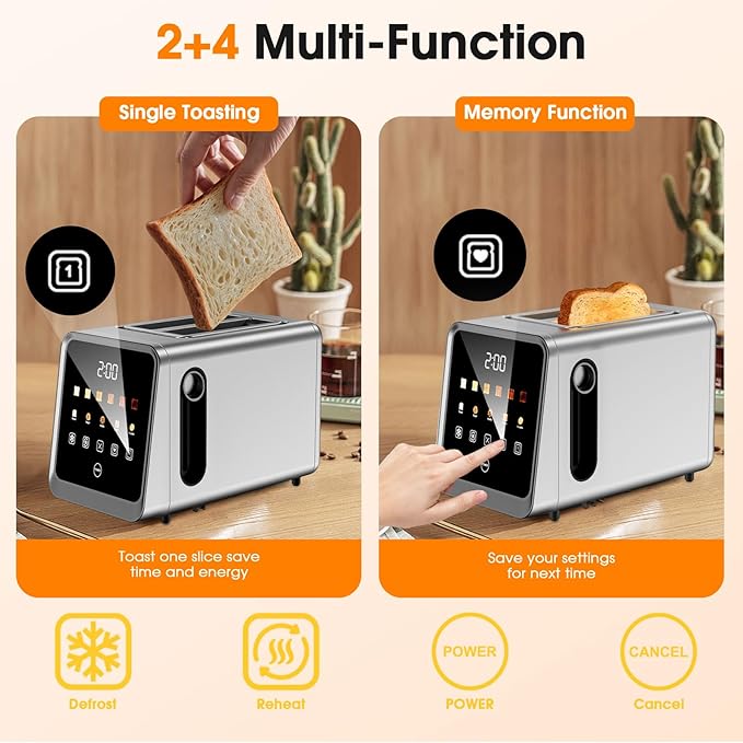Toaster 2 Slice with Smart Digital Touchscreen &amp 1-Touch Memory | Stainless Steel 1.5 Extra-Wide Slots for Bagels &amp Artisan Bread | 900W for Fast Even Toasting | Defrost Reheat Single-Slic