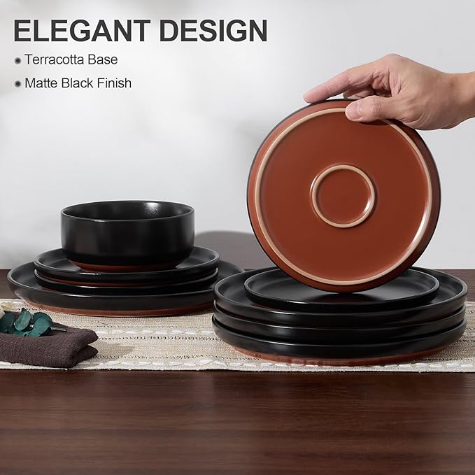 E-far 18-Piece Stoneware Plates and Bowls Sets Dinnerware Sets for 6 Ceramic Dishware Dishes Set with Terracotta Base Chip &amp Scratch Resistant Microwave &amp Dishwasher Safe Matte Black
