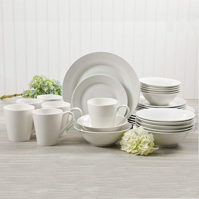 Unknown1 30 Piece Ceramic Dinnerware Set in White Solid Modern Contemporary Round Microwave Safe