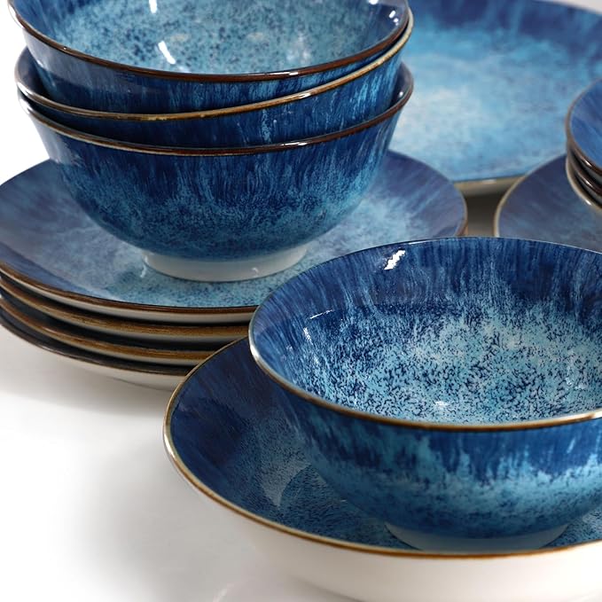 16‑Piece Porcelain Dinnerware Set in Green Double Bowl Design with Dinner Plates Salad Plates and Bowls Dishwasher &amp Microwave Safe (Blue)