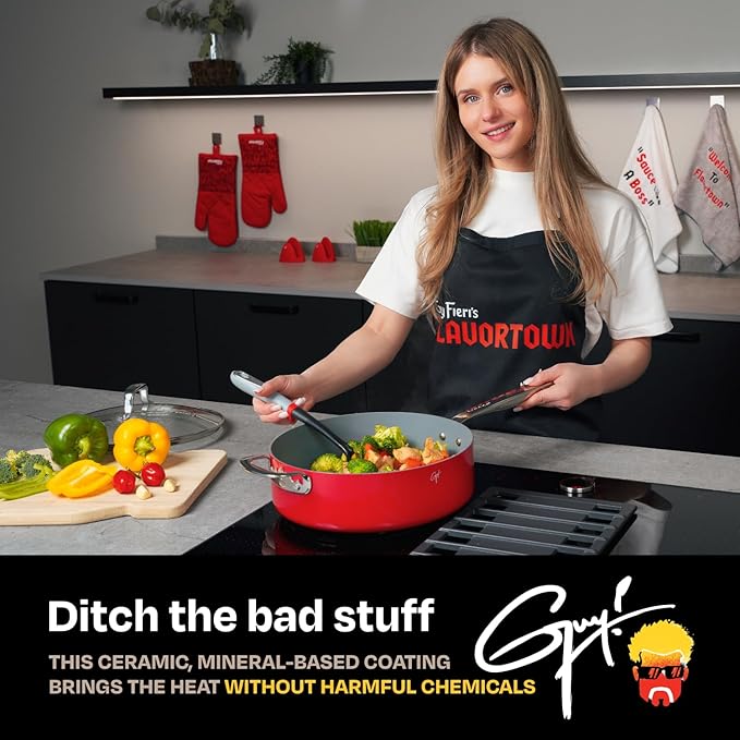 Guy Fieri's Flavortown 6-Piece Ceramic Cookware Set 8 &amp 10.2 Frypans 2QT Saucepan 3.2QT Sautépan Nonstick Made without PFAS PTFE PFOA Oven &amp Dishwasher Safe Easy to Clean Red