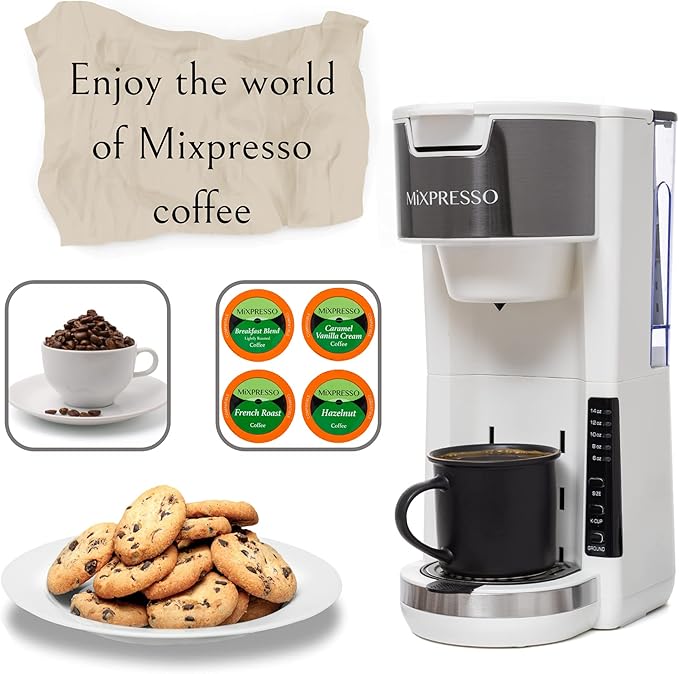 Mixpresso White Single Serve Coffee Brewer K-Cup Pods Compatible &amp Ground 30 oz Compact Coffee Maker Single Serve With 5 Brew Sizes Up To 14 Oz Fits Travel Mug Adjustable Drip Tray
