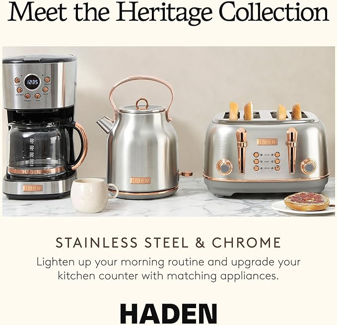 Haden Heritage 4 Slice Wide Slot Stainless Steel Toaster Bundled with 1.7 Liter Stainless Steel Electric Water Kettle Steel &amp Copper
