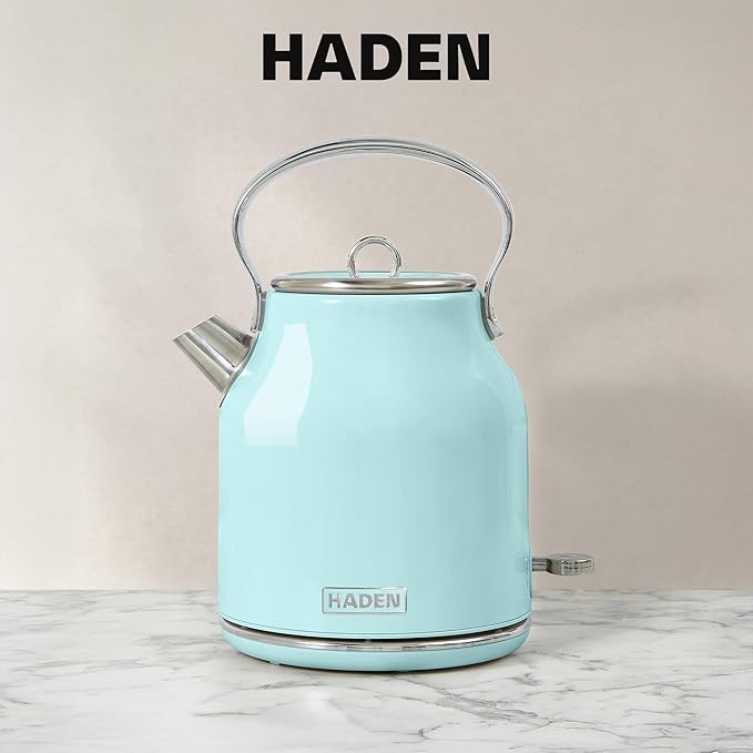 HADEN Coffee Machine 12 Cup Drip Coffee Maker Bundled with Heritage 1.7 Liter Stainless Steel Electric Kettle Turquoise &amp Chrome