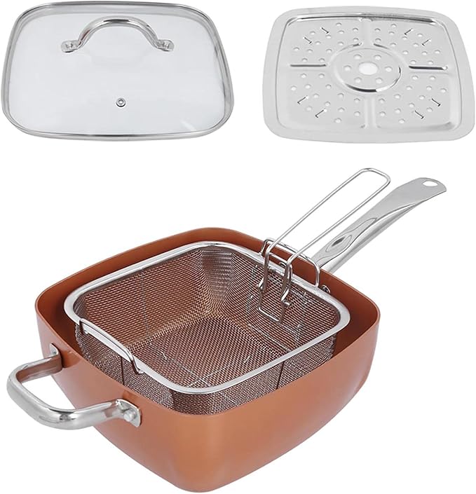 Topyond 4pcs Kitchen Deep Frying Pan Set Stainless Nonstick 6 Quart Square Pan with Basket with Lid for Frying Boiling Steaming Deep-frying Dishwasher Safe 9.8 x 19.7 x 5.5in