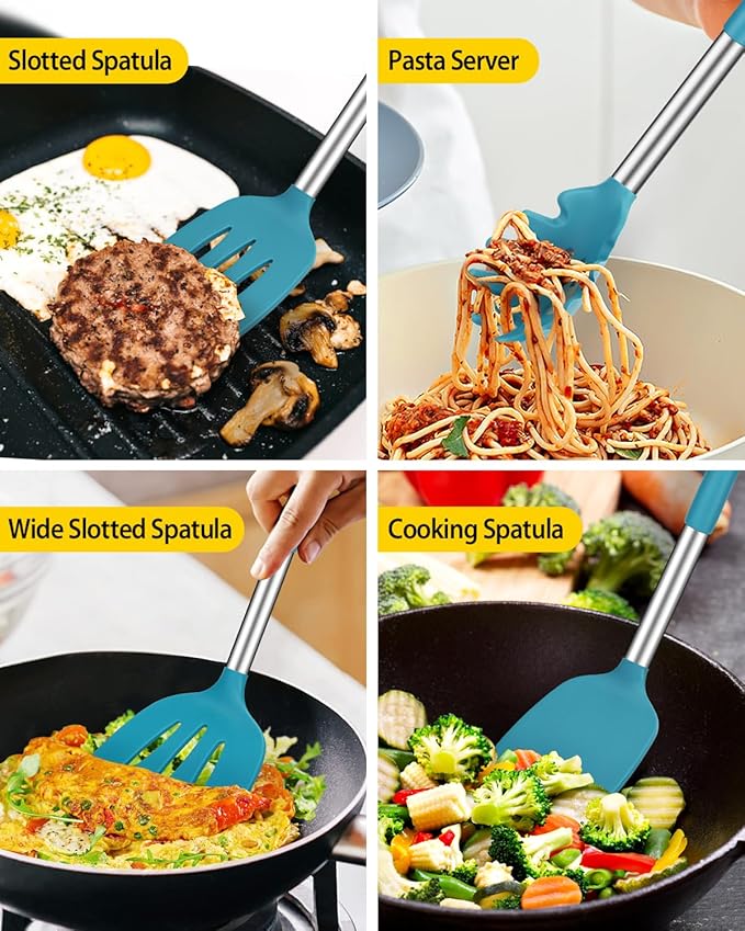 Silicone Cooking Utensil Set 8Pcs Non-stick Cookware with Stainless Steel Handle BPA Free Heat Resistant Kitchen Tools with Spatulas Turners Spoons Skimmer and Pasta Fork