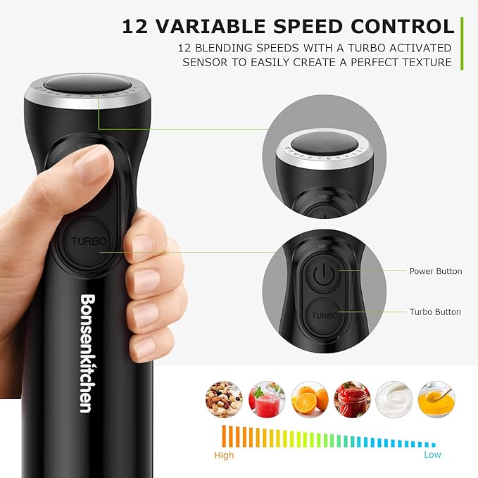 Immersion Hand Blender 12-Speed and Turbo Mode Hand Mixer 3-In-1 Stick Blender with Egg Whisk 24oz Beaker Emulsion Handheld Food Mixer For Smoothies Purée Sauce