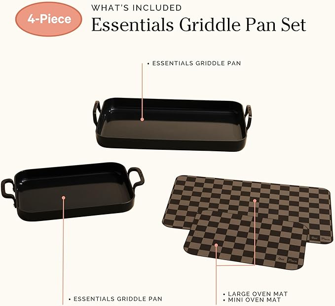 Our Place Essentials 4-Piece Griddle Pan Set | Nonstick Griddle Standard &amp Mini with Reusable Silicone Oven Mats | Thermakind™ PFAS-Free Nonstick Oven Safe Stovetop to Oven Versatility | Char