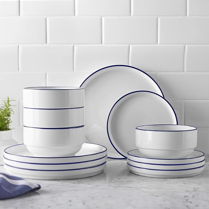 12-Piece Blue Rim Stoneware Dinnerware Set – Durable Tableware for Family Meals &amp Gatherings