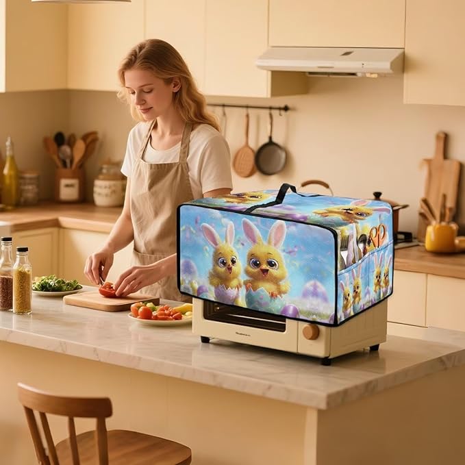 Bunny Easter Egg Print Toaster Oven Dust Cover Bread Maker Machine Covers with Side Pockets Kitchen Small Appliance Protector Easter Decor S