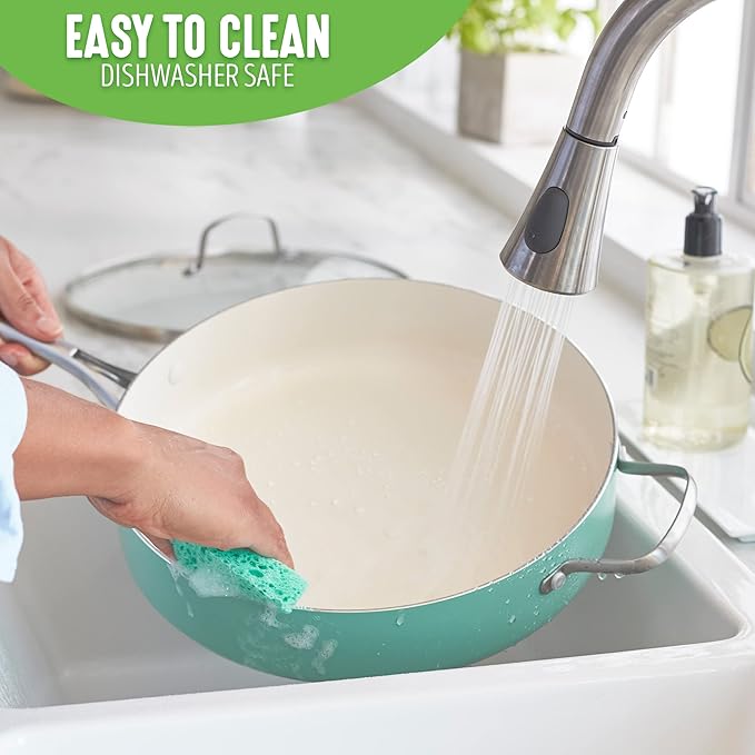 GreenLife Artisan Healthy Ceramic Nonstick 5QT Saute Pan Jumbo Cooker with Helper Handle and Lid Stainless Steel Handle Induction PFAS-Free Dishwasher Safe Oven Safe Turquoise