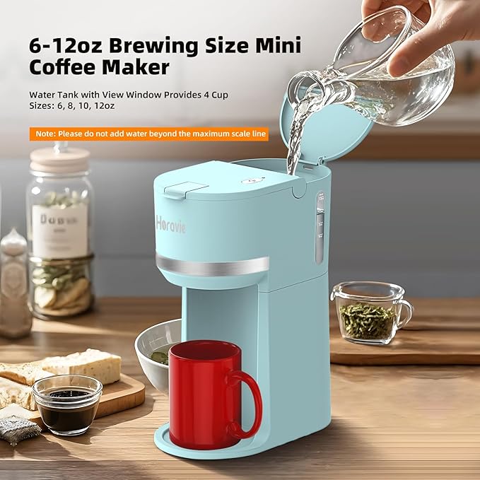 Mini Single Serve Coffee Maker for K Cup and Ground Coffee Fast Brew One Cup Coffee Machine with Descaling Reminder and Water Window 6 to 12 oz. Brew Sizes Light Blue