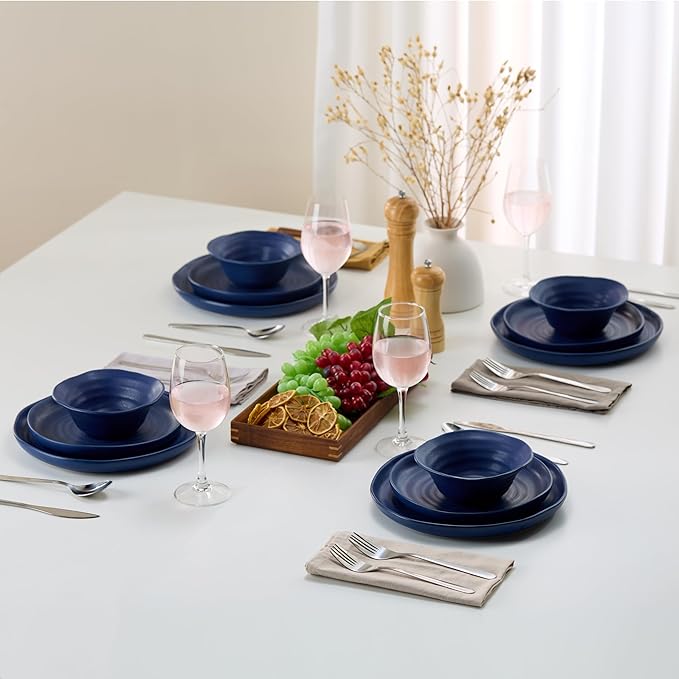KooK Ceramic Dinnerware Set Service for 4 (12-Piece) Plates &amp Bowls Microwave &amp Dishwasher Safe Organic Shape Navy Blue Spiral