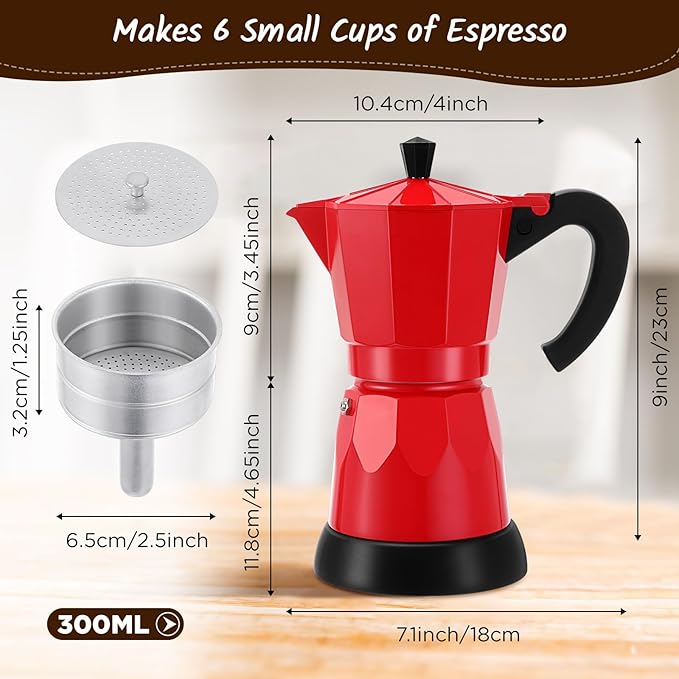 Coffee Pot 6 Cup Electric Espresso Coffee Maker Italian Moka Maker 300ml Portable Aluminum Espresso Machine Cafetera Moka Pot with Detachable Base Gift for Home Travel(Red)