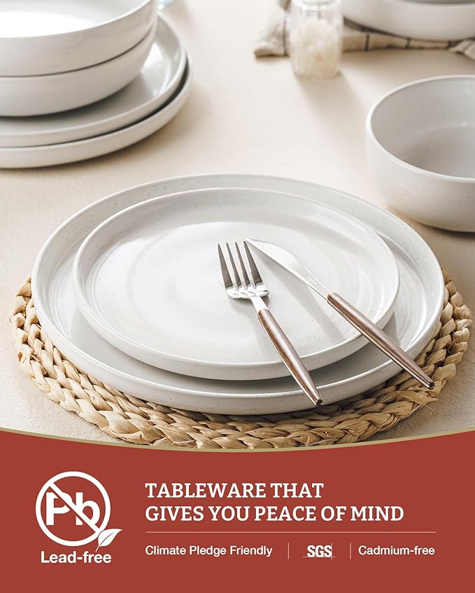 Famiware Milkyway Stoneware Dinnerware Sets with Pasta Bowls Service for 4 (16 Pieces) Plates and Bowls Sets -Scratch Resistant Microwave and Dishwasher Safe Dishes Set White