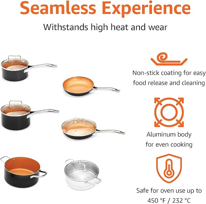 Amazon Basics Ceramic Nonstick Cookware Set Induction Ready Dishwasher &amp Oven Safe Even Heating 10-Piece Set with Frying Pans Saucepans Glass Lids Copper Color