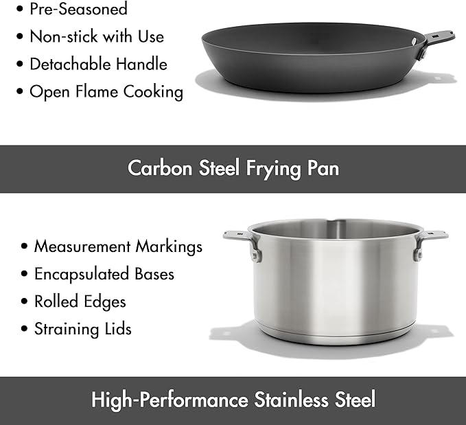 OXO Outdoor 8 Piece Camping Cookware Set 10 Pre-Seasoned Carbon Steel Frying Pan Skillet 2.25QT and 5QT Stainless Steel Saucepans with Lids Removeable Handle Trivet Travel Bag Space-Saving