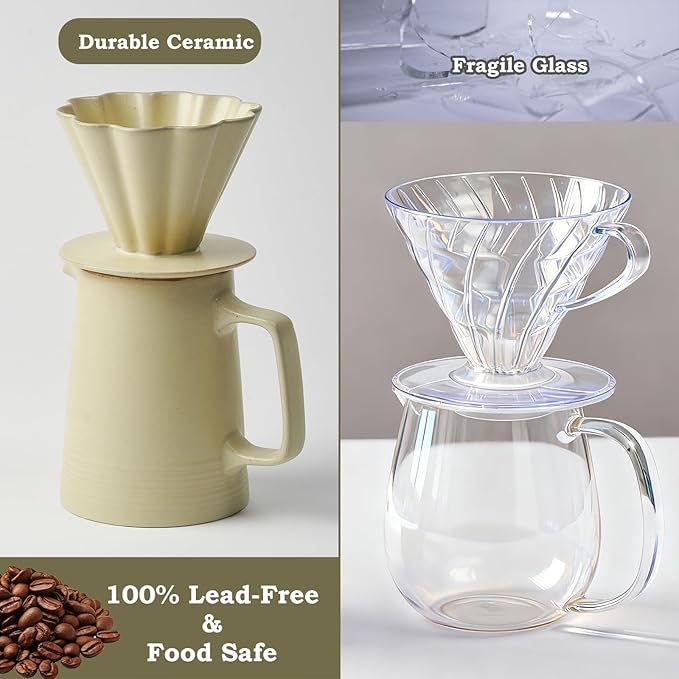 Pour Over Coffee Maker Ceramic Coffee Dripper with 40pcs V02 Paper Filter &amp Coaster 18.2oz/540ml Flower Shape Pour Over Coffee Filter set (Celadon Set)
