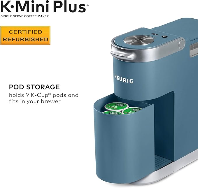Keurig K-Mini Plus Coffee Maker Certified Refurbished Single Serve K-Cup Pod Coffee Brewer Comes With 6 to 12 oz. Brew Size K-Cup Pod Storage and Travel Mug Friendly Evening Teal (Renewed)
