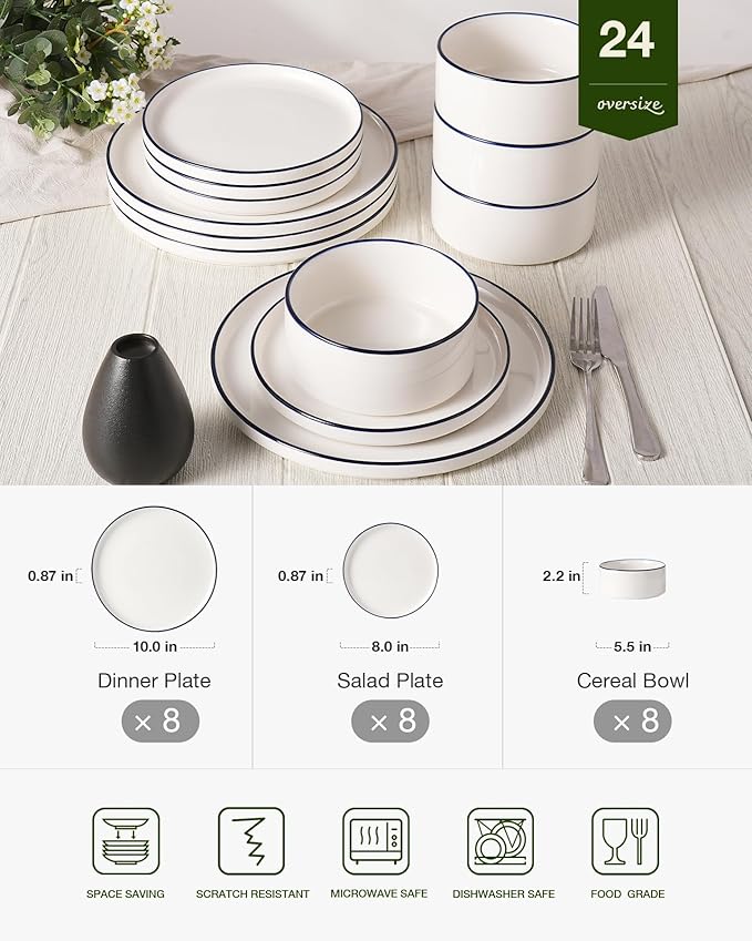 Famiware Porcelain Dinnerware Set 24-Piece Modern Plate and Bowl Set dish set for 8 Microwave and Dishwasher Safe Tableware White with Blue Trim