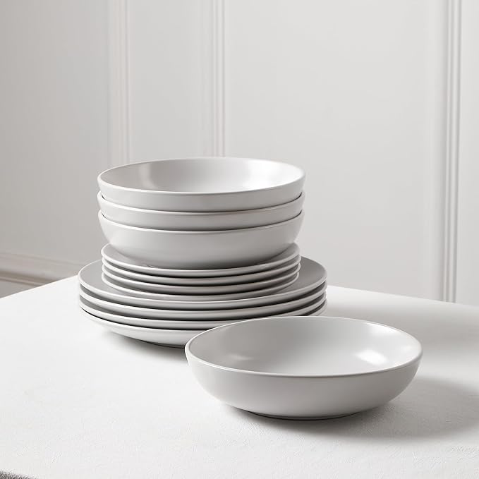 Earth &amp Clay Mia 12-Piece Stoneware Dinnerware Set Plates and Bowls Set Dishwasher and Microwave Safe Dish Set for 4 White