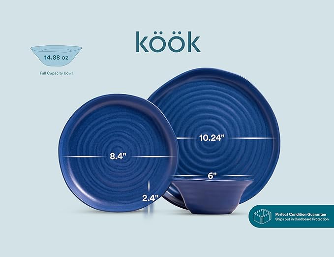 KooK Ceramic Dinnerware Set Service for 4 (12-Piece) Plates &amp Bowls Microwave &amp Dishwasher Safe Organic Shape Navy Blue Spiral
