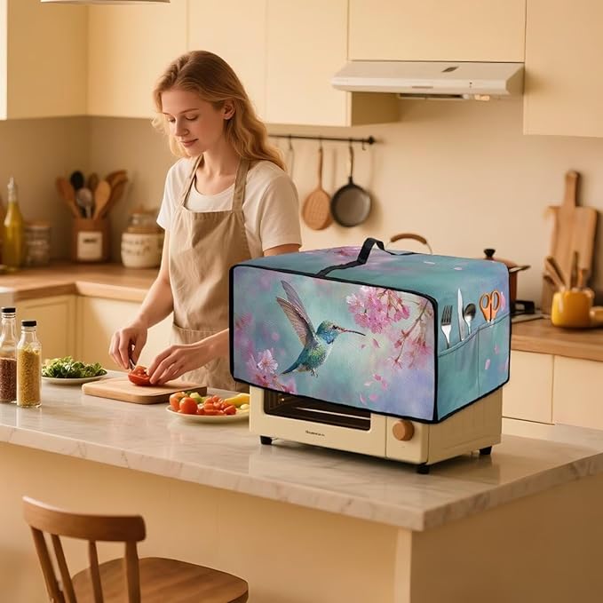 Hummingbird Flower Print Toaster Oven Dust Cover Heavy Duty Toaster Smart Oven Dust Cover with Accessory Pockets M