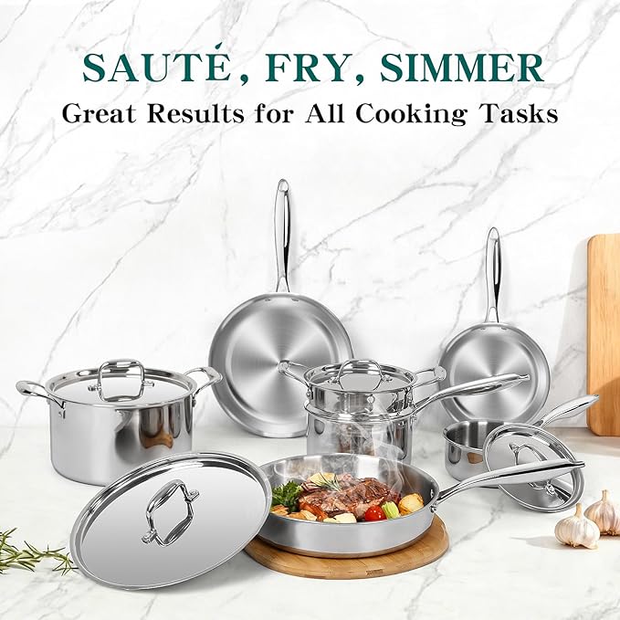 EWFEN Pots and Pans Set 3 Ply 11 Piece Stainless Steel Cookware Set Oven Dishwasher Safe | Induction Compatible Frying Pans Saucepans Saute Pan &amp Stock Pot PFOA Free Kitchen Skillet