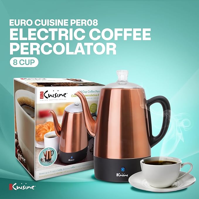 Euro Cuisine PER08 Stainless Steel Electric Coffee Percolator 8 Cup Polished Copper Finish Dripless Gooseneck Spout Clear Glass Knob Brewing Indication Keep-Warm Function Detachable Cord