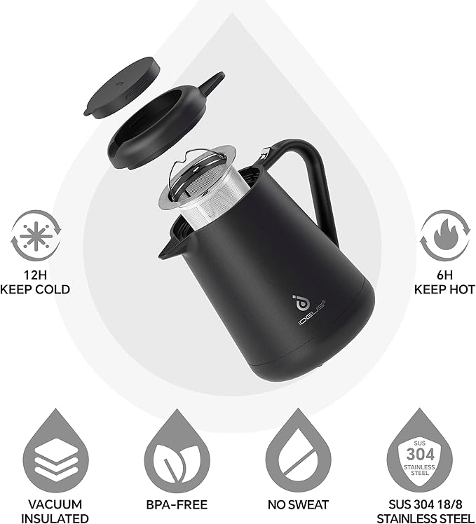 Ideus Insulated Pour Over Coffee Maker Set 20oz Stainless Steel Coffee Pot Pour Over Set Camp Coffee Carafe BPA-Free with Dripper and Tea Infuser for Home Office &amp Camping (Black)