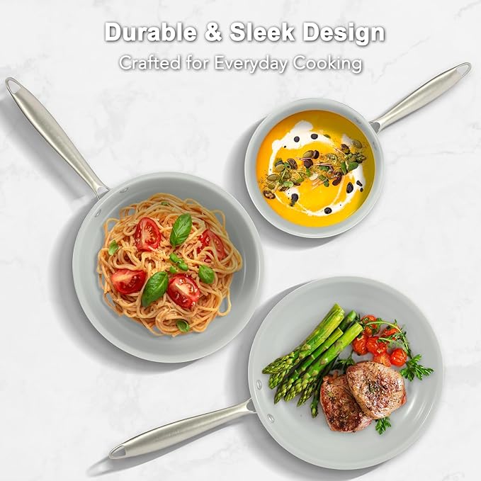 5PC Induction Cookware Set with Tempered Glass Lids Ultra Nonstick Pots and Pans Set with Stainless Steel Handle Oven Safe and Dishwasher Safe Non Toxic &amp Ceramic Cooking Set Cream White
