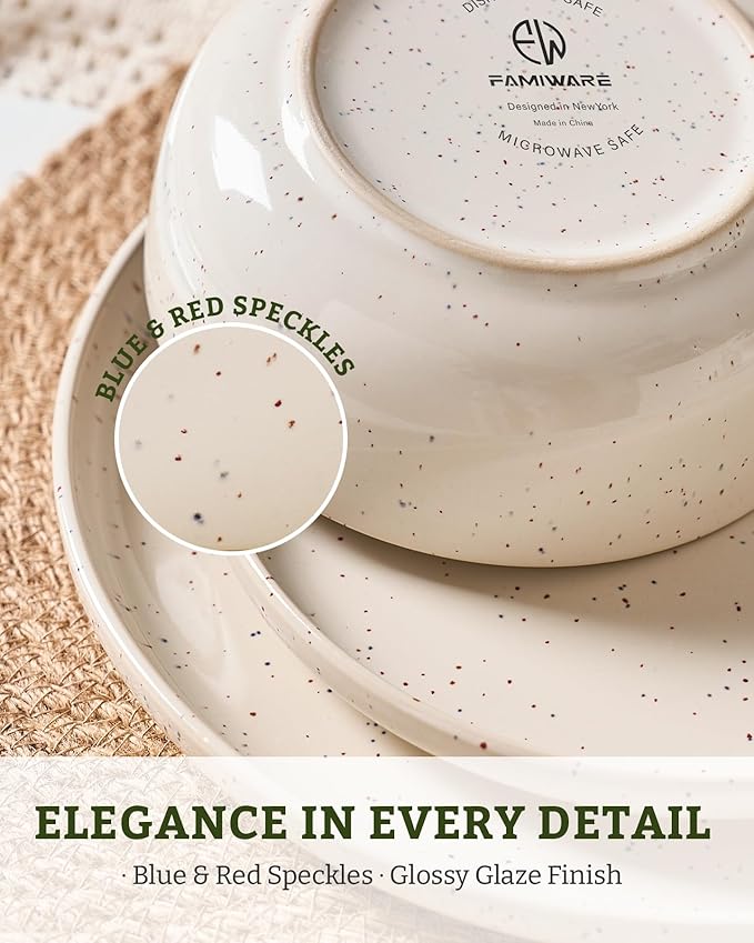 Famiware Meteor Plates and Bowls Sets 24-Piece Stoneware Dinnerware Sets Dishes Set for 8 Microwave and Dishwasher Safe Tableware Creamy White