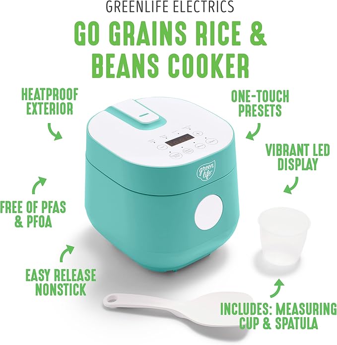 GreenLife PFAS-Free 4-Cup Rice Beans Oats and Grains Cooker Healthy Ceramic Nonstick Easy to Use Automatic Presets Dishwasher Safe Parts Turquoise