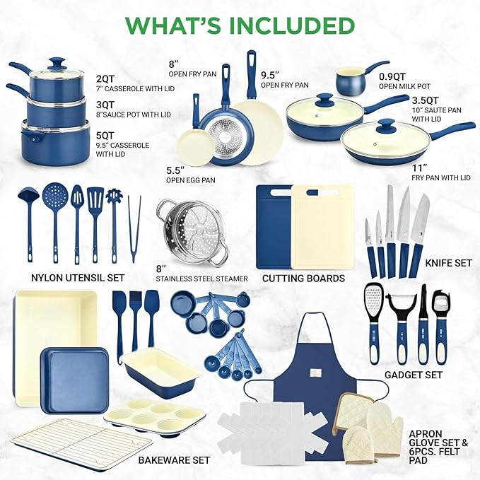 54 Piece Professional Grade Complete Home Kitchen Cookware Set Ceramic Non-Stick Bakeware Pot and Pans Kit Cool-Touch Handles Safe for Gas Electric Induction Cooktops Easy Clean