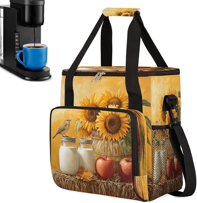 Yellow Sunflower Apple Coffee Maker Carring Bag Travel Carrying Storage Tote Bag Compatible with Keurig K-Mini or K-Mini Plus Portable Single Serve Coffee Brewer Case with Pockets for K-cup Pods