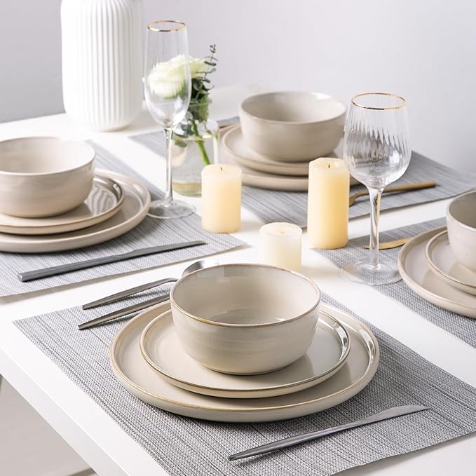 AmorArc Stoneware Dinnerware Sets for 4Round Reactive Glaze Ceramic Plates and Bowls SetHighly Scrath Resistant | Dishwasher &amp Microwave Safe Dishes SetService for 4 (12pc)