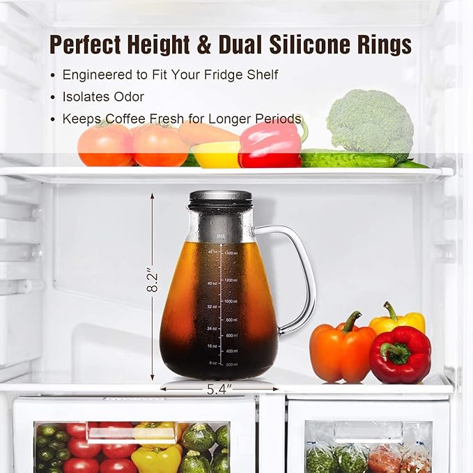 Cold Brew Iced Coffee Maker 51oz Brewed Coffee Pot with Removable Double Mesh 304 Stainless Steel Filter BPA-Free Cold Brew Pitcher Glass Container Tea Maker