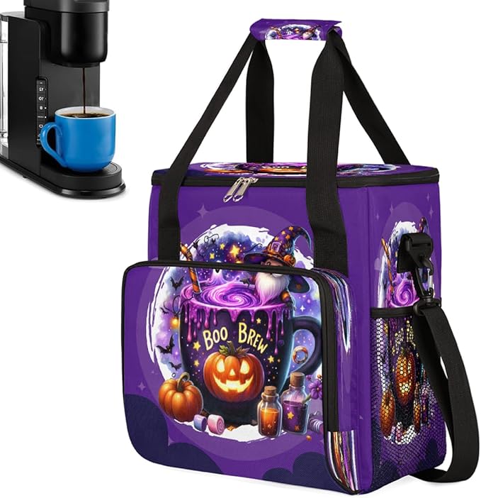 Halloween Potion Pumpkin Gnome Coffee Maker Carring Bag Travel Carrying Storage Tote Bag Compatible with Keurig K-Mini or K-Mini Plus Portable Single Serve Coffee Brewer Case with Pockets