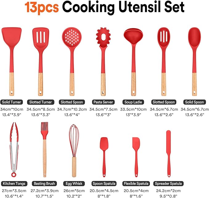 Kitchen Utensils Set 13PCS Silicone Cooking Utensils Heat Resistant Kitchen Utensil Spatula Set for Nonstick Cookware Wooden Handles Kitchen Gadgets Tools Set (RED)