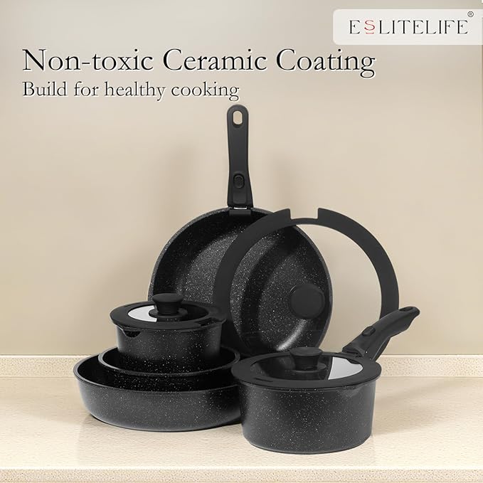 ESLITE LIFE Nonstick Cookware Sets with Detachable HandleCeramic Coating Pots and Pans Set Kitchen Cooking Set Compatible with All Stovetops PTFE &amp PFOA Free Black 10 Pcs Set