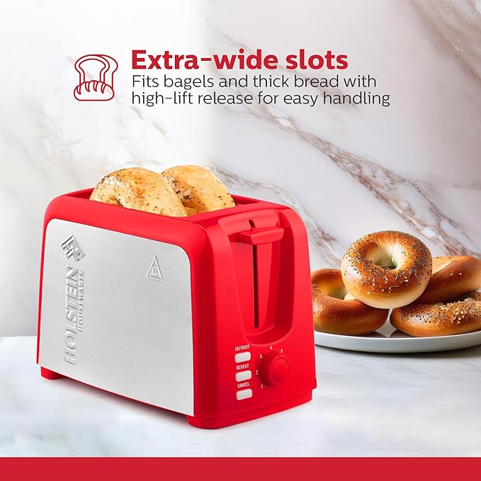 Holstein Housewares 2-Slice Toaster with 7 Browning Settings Extra-Wide Slots Reheat Defrost Cancel High-Lift Release Removable Crumb Tray – Compact Stainless Steel Red