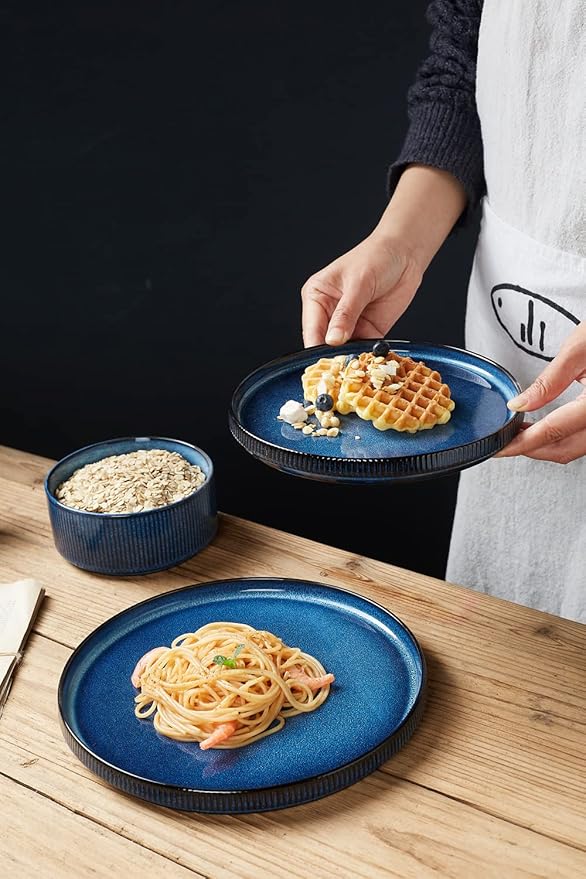 Famiware Dinnerware Set for 4 (12 Piece) and 4oz Dipping Bowl Set (6 Piece) - Star Stoneware Dishes - Nebulas Blue