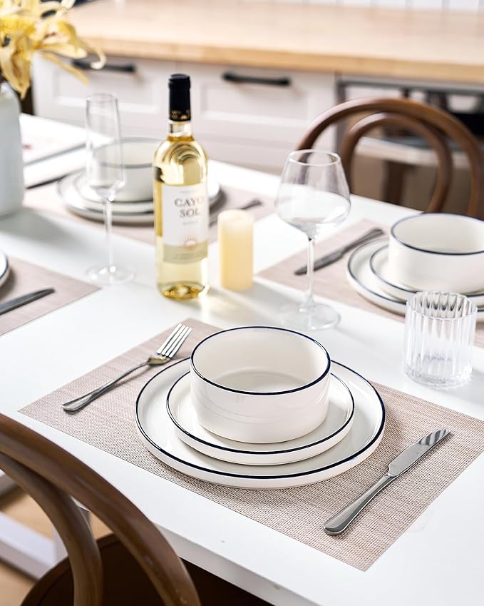 Famiware Porcelain Dinnerware Set 24-Piece Modern Plate and Bowl Set dish set for 8 Microwave and Dishwasher Safe Tableware White with Blue Trim