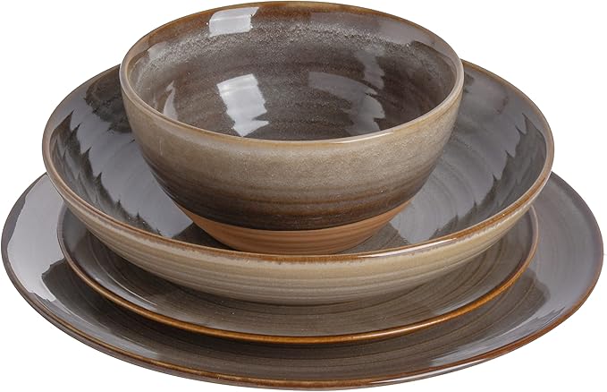 Gibson Elite 16 Piece Dreamweaver Double Bowl Terracotta Reactive Dinnerware Set - Earthy Brown Service for 4 (16pcs)